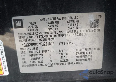 2015 GMC Acadia Sle-2 from USA, damaged, VIN 1GKKVPKD4FJ221000